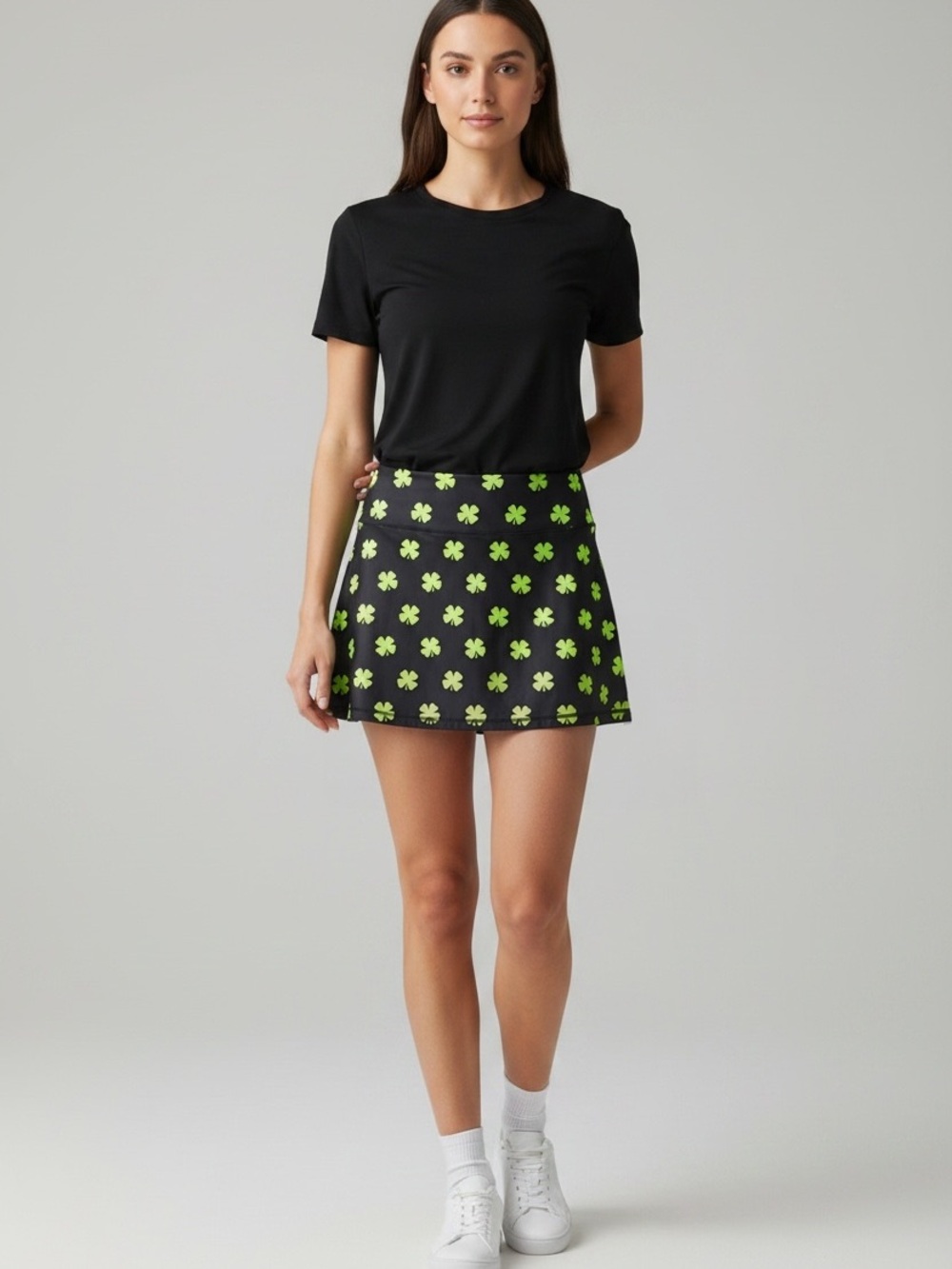 ReadyGOLF Shamrock Clover Golf Skort Built In Shorts Black Green L AAA0176